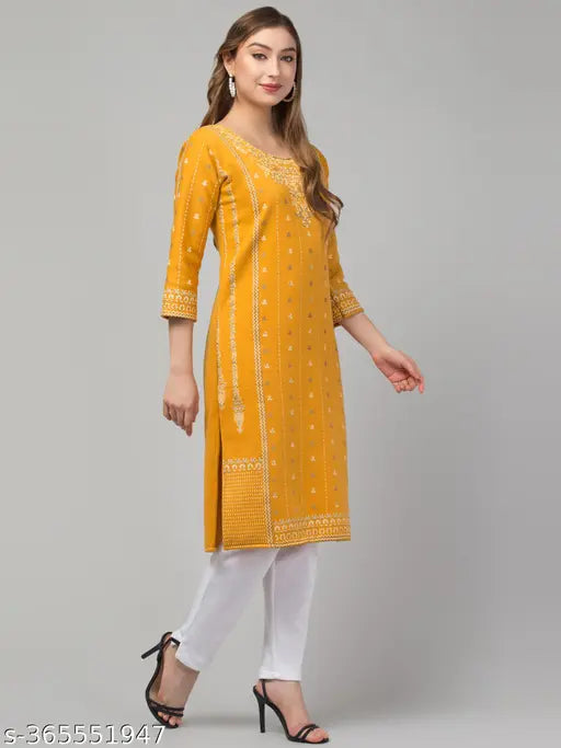 WOOLEN KURTI,PRINTED A-LINE KURTA ,LATEST WOLEN KURTI YELLOW