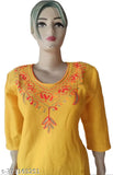 women's woolen kurti in yellow (haldi) colour with jari wool embroidery design on neck ,chaak and border also.