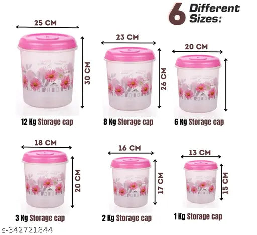 Veksin 6 Pcs Plastic Container set with beautiful design ( 12KG , 8KG , 6KG , 3KG , 2KG , 1KG Mixer Grocery Container -PINK)