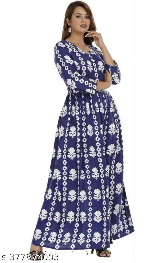 Chaitanya Products New Stylish Rayon Floral Printed Blue Three Quarter Sleeve Anarkali Kurti For Women