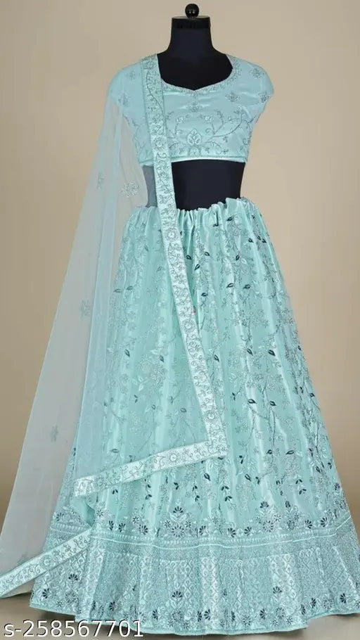 " Gopinath Hand Work " women and girls soft net sky blue color lehenga choli with dupatta and semi-stitched blouse