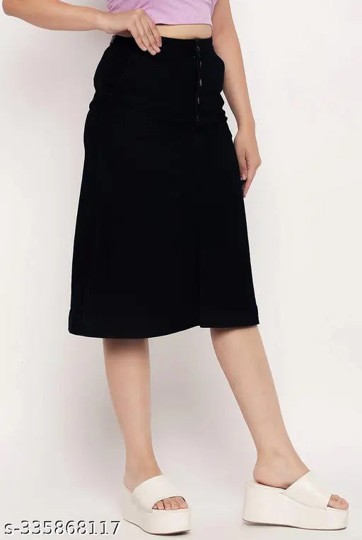 Z Black Front Pocket Buttoned A-Line Long Denim Woman Skirt