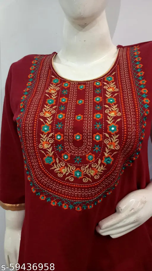 Women's A-line Embroidered Maroon Woollen Kurti