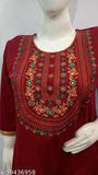 Women's A-line Embroidered Maroon Woollen Kurti