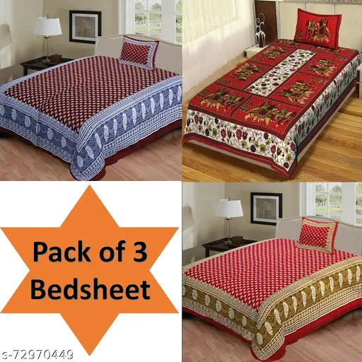 Pack of 3 Jaipuri Cotton Single Bed Bedsheet 3 Bedsheet with 3 Pillow Cover