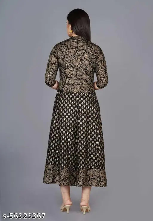 Women Printed Rayon Anarkali Kurti With jacket (Black)