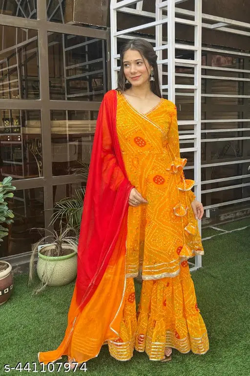 Geaorgette Bhandani Print Yellow Sharara Set