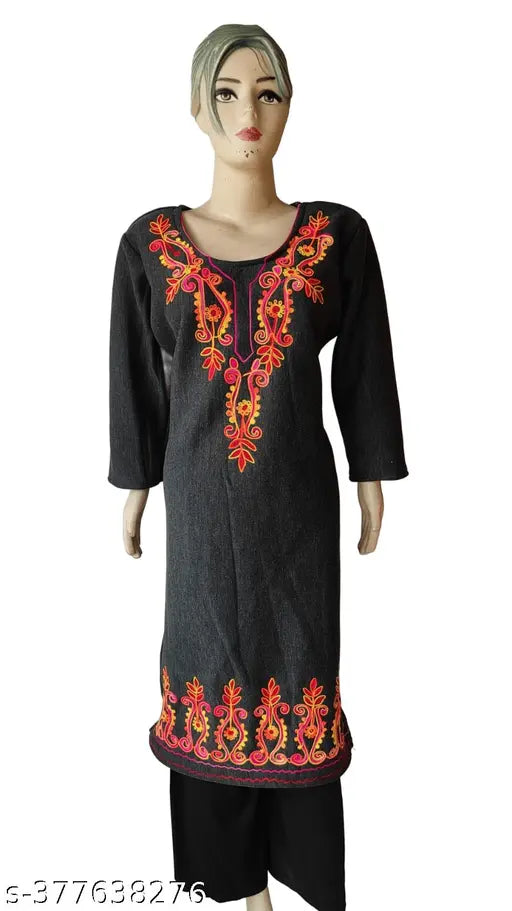 women's woolen aari thread work on neck and border in BLACK colour.