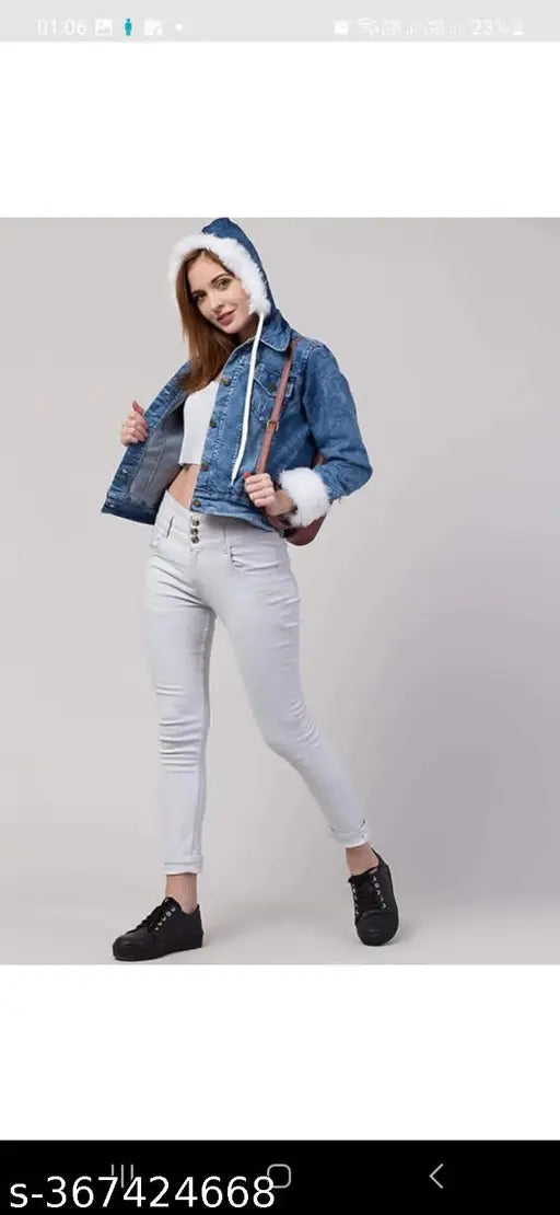 Trendy women Blue Denim full sleeves buttoned cropped jacket with Collar Sleeves Furr