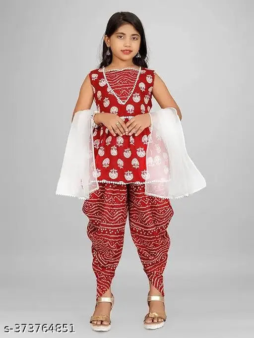 New Labdhi Fashion Top and Dhoti with Dupatta for Girls Cotton Printed Foil Print Kurta and Dhoti Set with Dress for Girls