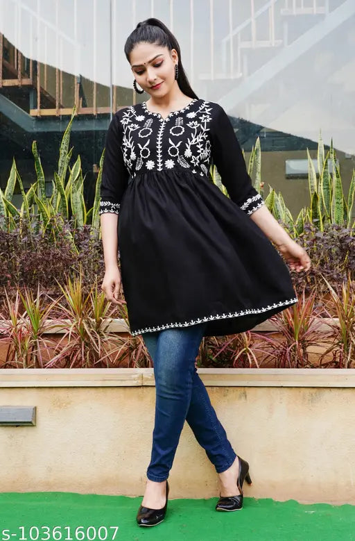 Women Fit and Flare Black Short Kurti