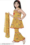 Stylish Cotton Blend Party/Festive Wear Kurta ,Pajama And Dupatta Sets for Kids Girls (Yellow)