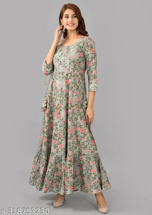 Women's Latest Design Embroidered Printed Anarkali Kurta Deep Neck