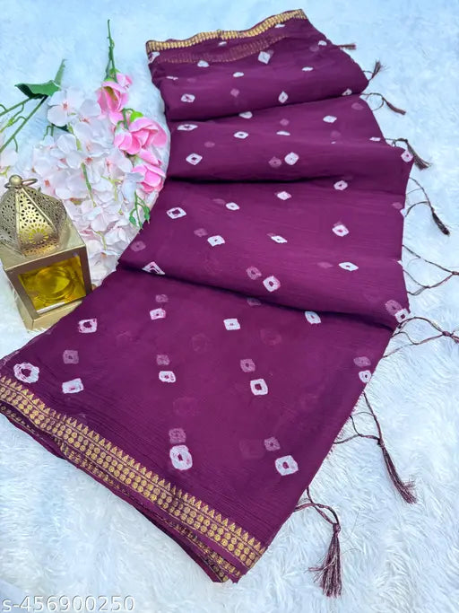 Chiffon Silk Bandhani Dye Saree With Tassels