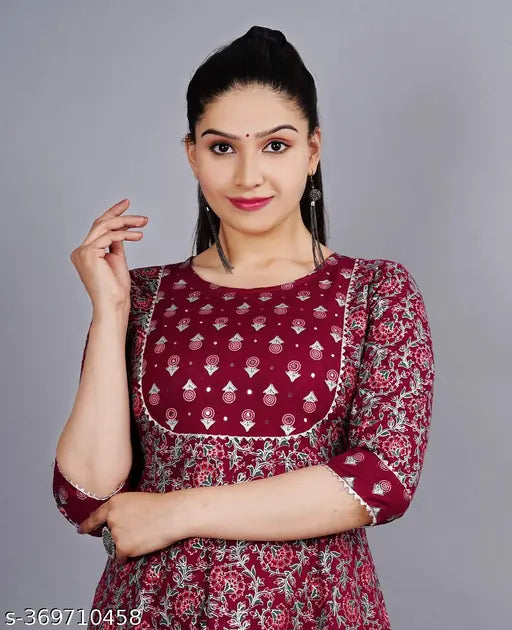 Women's Rayon Printed Anarkali Kurta Wine