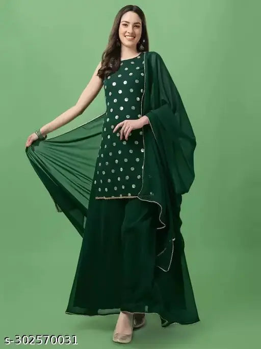 lh enterprise georgette green round neck sleevless embrodery sequence work A line kurta sharara set with duppatta for women/girls