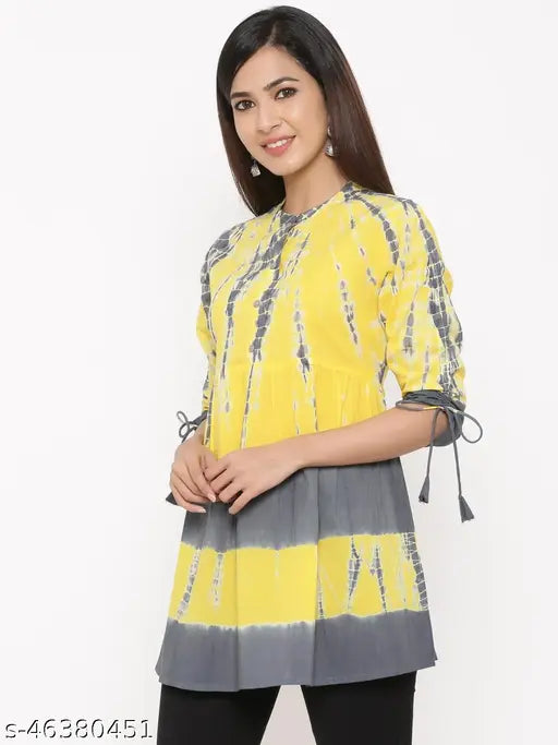 Kipek Women's Yellow & Grey Tie Dye Printed 60's Cambric Tunic with Sleeves Tie-up Tops & Tunic