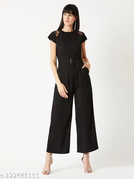 Miss Chase Women's Solid Round Neck Black Jumpsuits