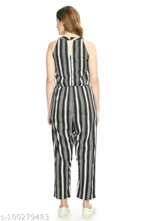 PREEGO Women Black & White Striped basic Jumpsuit