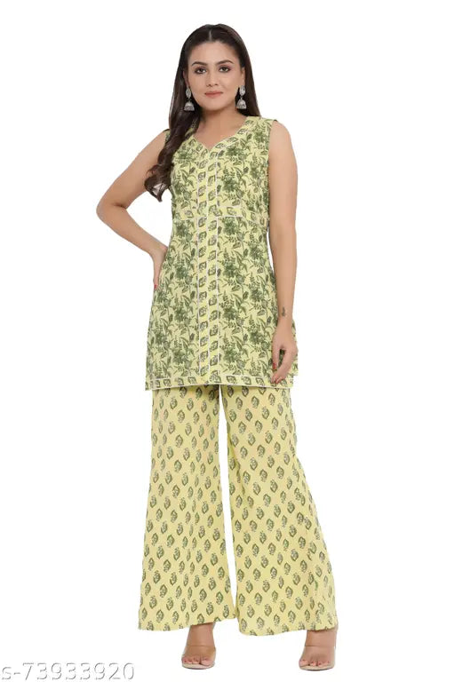 SUTEEH Women's Pure Cotton Floral Printed Straight Kurti with Palazzo Set