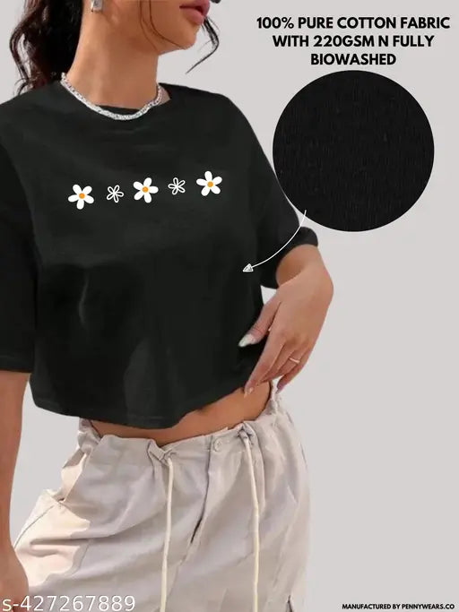 Flower-Half Sleeve Black Color Crop Top T-Shirt Casual Round Neck Drop Down Shoulder Loose Fit Summer Tees for Women's and Girls