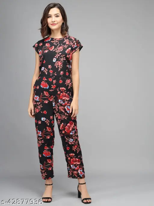 Elizy Women Black Color Red Flower Printed Jumpsuit