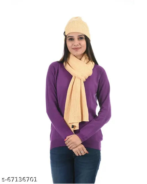 Women Warm and Soft Combo Pack of Winter Woolen Hair Yarn Cap with Fur Lining and Muffler