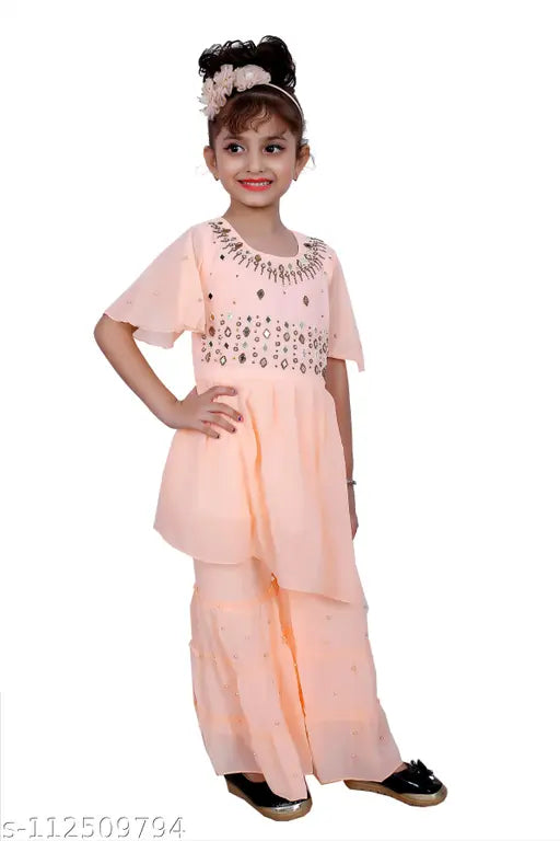 Hariyal Creation Kids Party/Festive Orange Designer Embroidery Kurta and Sharara Suit For Girls