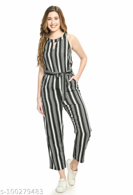 PREEGO Women Black & White Striped basic Jumpsuit