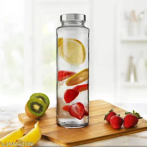 Glass Water Bottle 750 ml | Leak Proof Cap | Food Grade Transparent Glass Bottle For Fridge, Milk, Smoothie and Juice | Travel Water Bottle | Set Of 1 (Silver Cap)