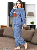 "Cute Bear Pajama Set - Women’s Cozy Blue Fleece Loungewear for Cold Nights"| Girls/Women Night Suit| Woolen| Fancy Night Suit| Blue Fleece Pajama Set |Warm Fuzzy Pajamas for Women|# Modern # Trendy # Fashionable # Winter # Night Suit # Woolen