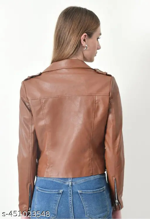 Tan short belt biker faux leather jacket