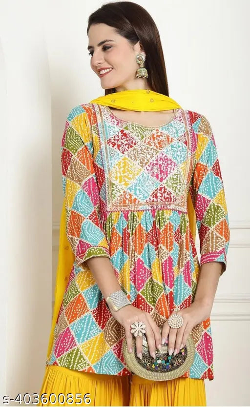 Kamayra Bandhani Print Kurta with Sharara & Dupatta