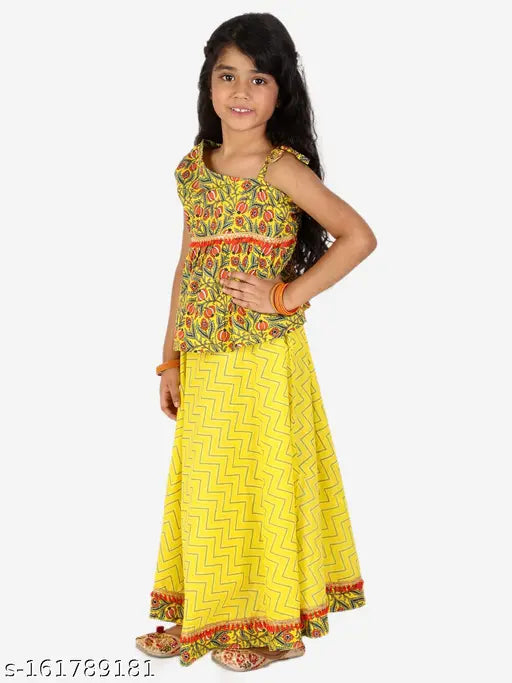 Superminis Girls Yellow Red Printed Ready to Wear One Shoulder Cotton Lehenga Choli