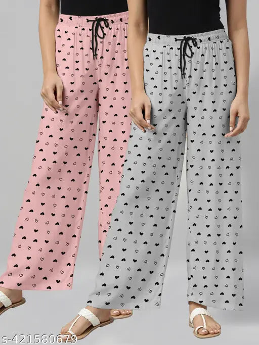 Women Baby Pink/Grey Pack Of 2 Printed Pure Cotton Pyjamas.Combo Pack Of 2