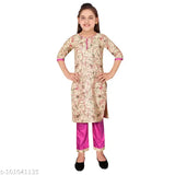 Sevgi Girl's Chanderi Cotton Blend Printed Kurti with Trousers Set