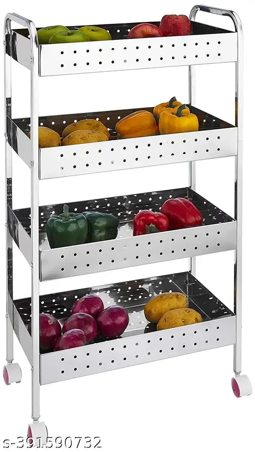 Stainless Steel Perforated Folding 4-Tier Fruits & Vegetable Onion Trolley Kitchen Trolley Portable Modern Storage Rack Design Fruits & Vegetable Onion Cutlery Spice Pickles Jars Container Basket Organizer Holder Stand for Kitchen