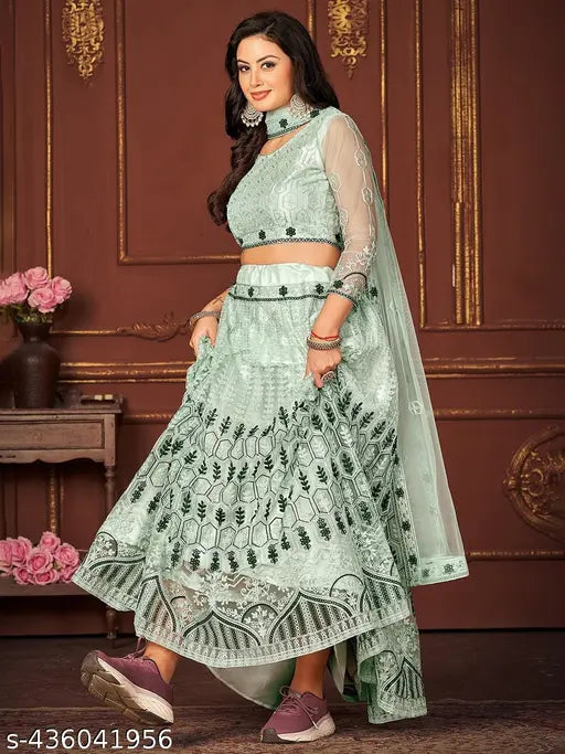 KOUTQI Mahima Letest Trendy Design Ari Work Embridered Free Size Lehenga Choli Up to 2XL With Unstitched Blouse Piss/Sleeve, And Dupatta/Designer Lehenga /Wedding Lehenga/banarasi lehenga/embroidery lehenga.