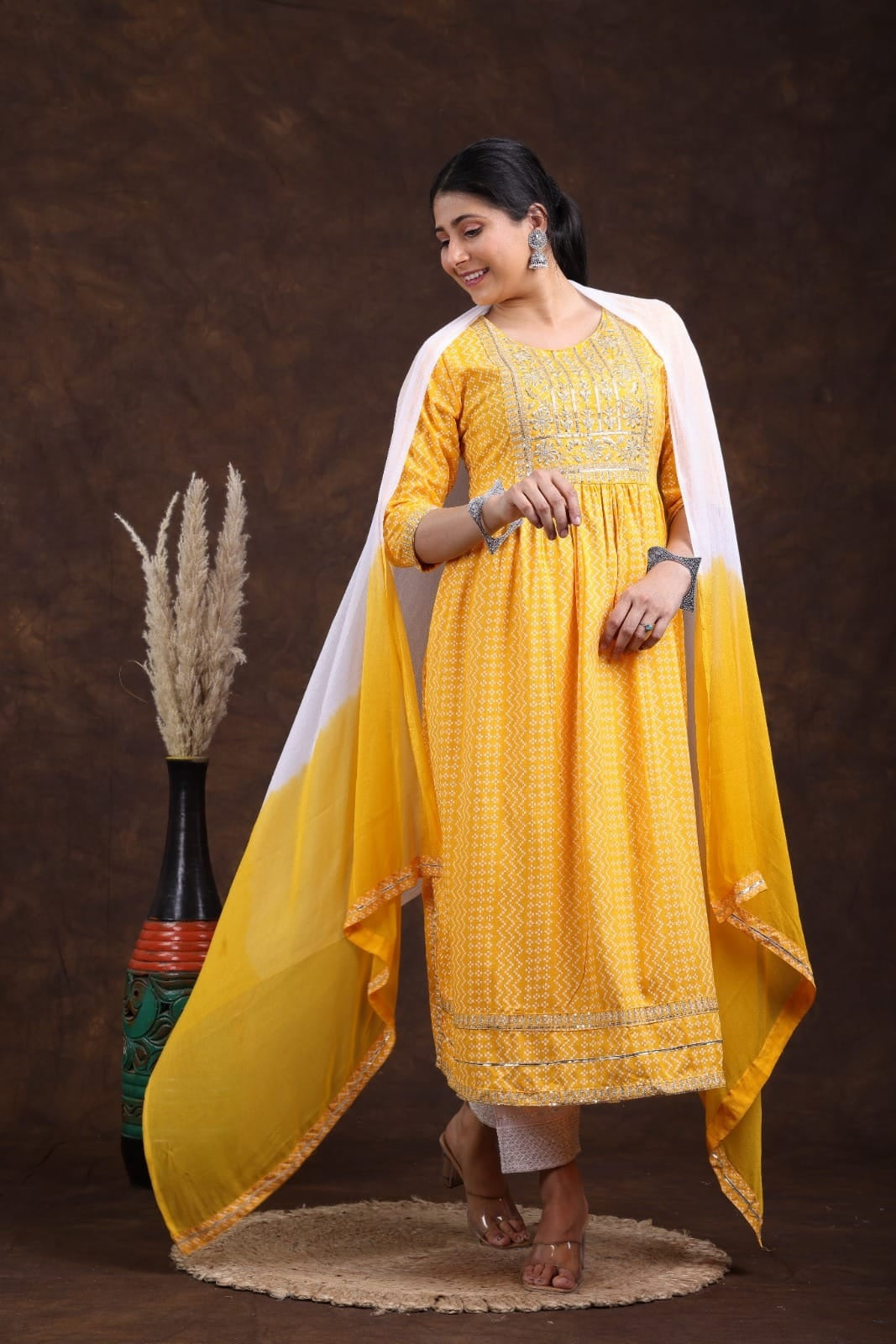 Kurti  Reyon Nyra Cut With Pant And Duppatta Yellow - GillKart