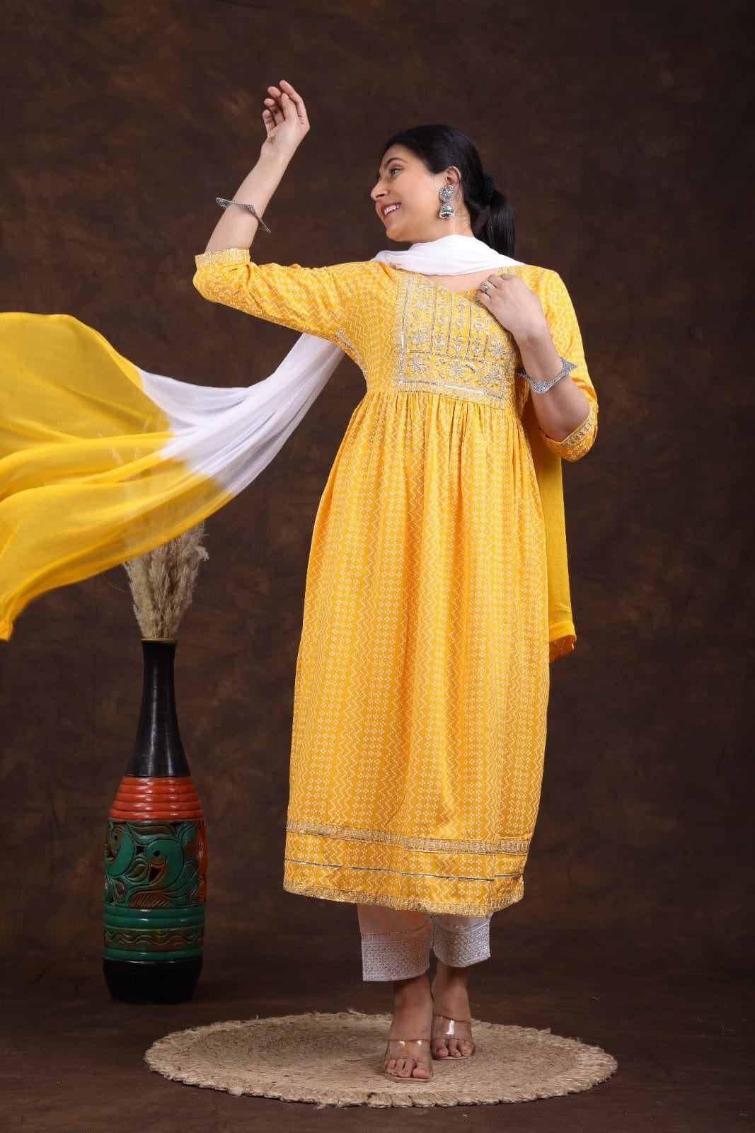 Kurti  Reyon Nyra Cut With Pant And Duppatta Yellow - GillKart