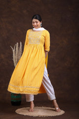 Kurti  Reyon Nyra Cut With Pant And Duppatta Yellow - GillKart