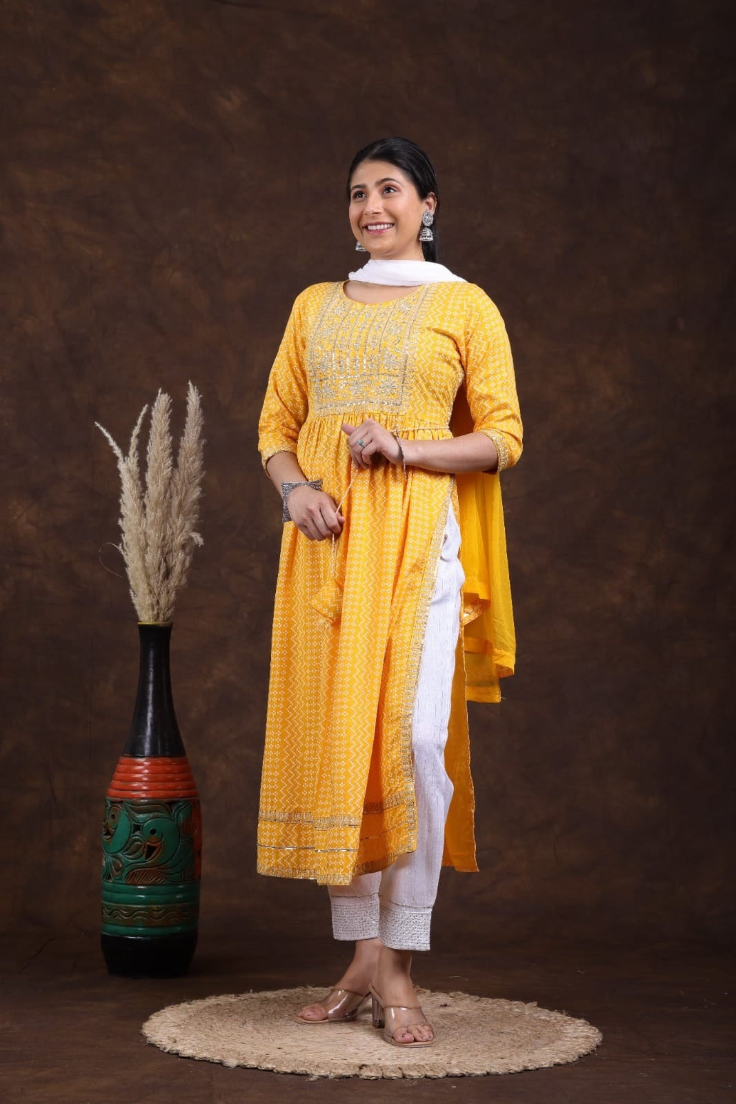 Kurti  Reyon Nyra Cut With Pant And Duppatta Yellow - GillKart