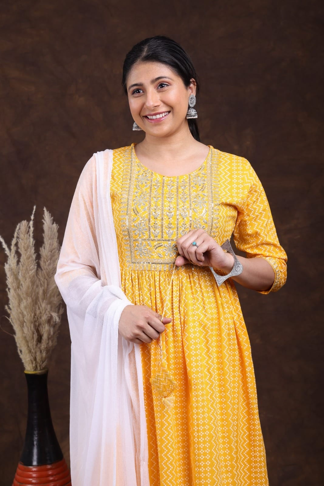 Kurti  Reyon Nyra Cut With Pant And Duppatta Yellow - GillKart