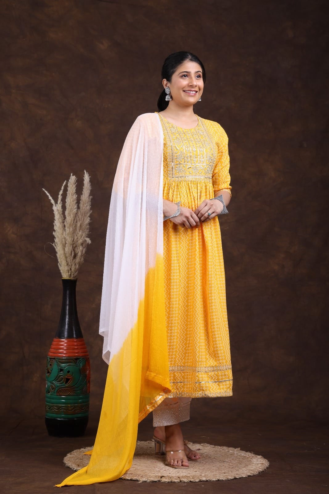 Kurti  Reyon Nyra Cut With Pant And Duppatta Yellow - GillKart