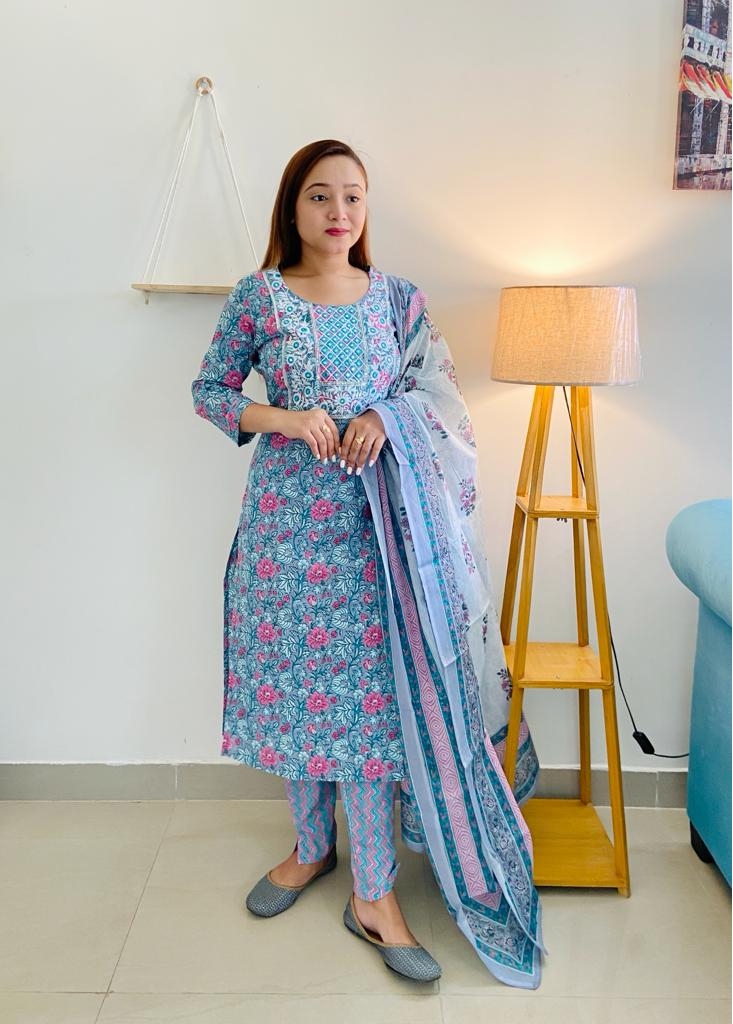 Kurti Cotton With Pant And Duppatta Blue - GillKart