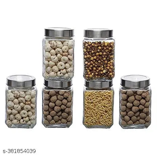 1000ml Transparent Cube Glass Jar/Barni for Kitchen, Achar Pickle, Dry Fruits, Masala, Grocery, Grains Storage Container with Silver See-Through Lid (Set of 6)