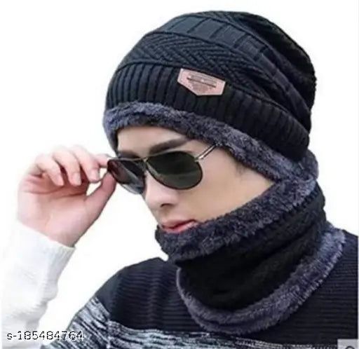 BEST THANDI ka ilaj MUFFLER AND TOPA WINTER BEANIE Hat Neck Scarf Set Warm Knitted Fur Lined For MAN AND WOMAN THANDI ka ilaj TOPA