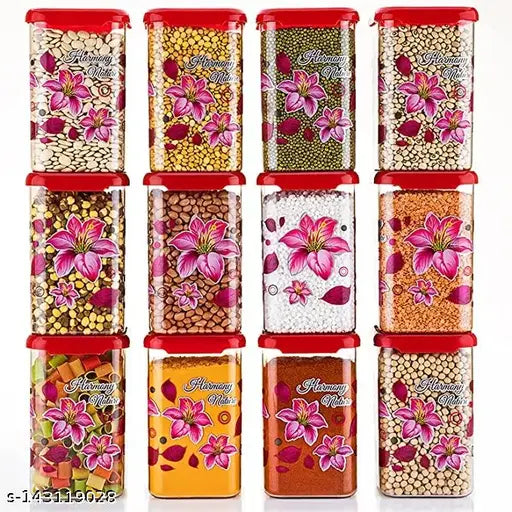 Perix Products 1100 ML Flower Printed Lock System Plastic Grocery Container| Square Airtight Containers to Store Groceries| Kitchen Dabba Set, Grocery Box (1100 ML) (Pack of 12) (pink)