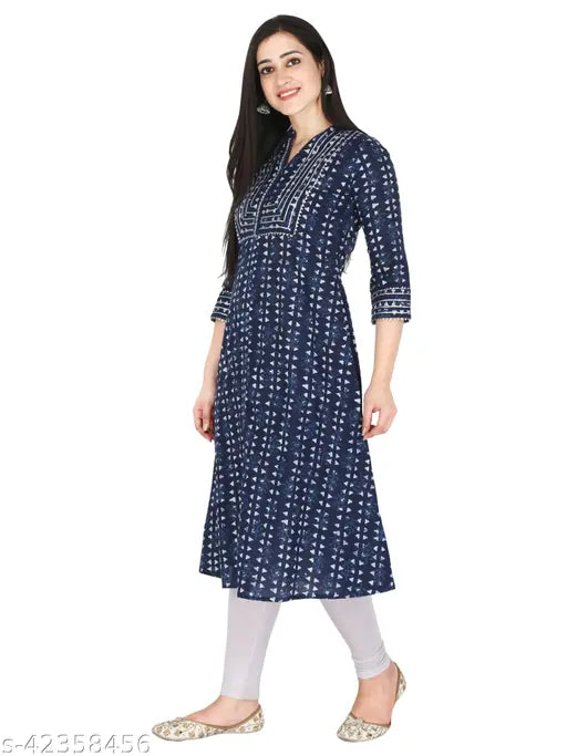 Kannahi Women's Cotton Indigo Blue Motif Print A-Line Kurta