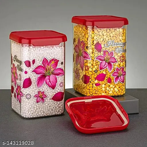 Perix Products 1100 ML Flower Printed Lock System Plastic Grocery Container| Square Airtight Containers to Store Groceries| Kitchen Dabba Set, Grocery Box (1100 ML) (Pack of 12) (pink)